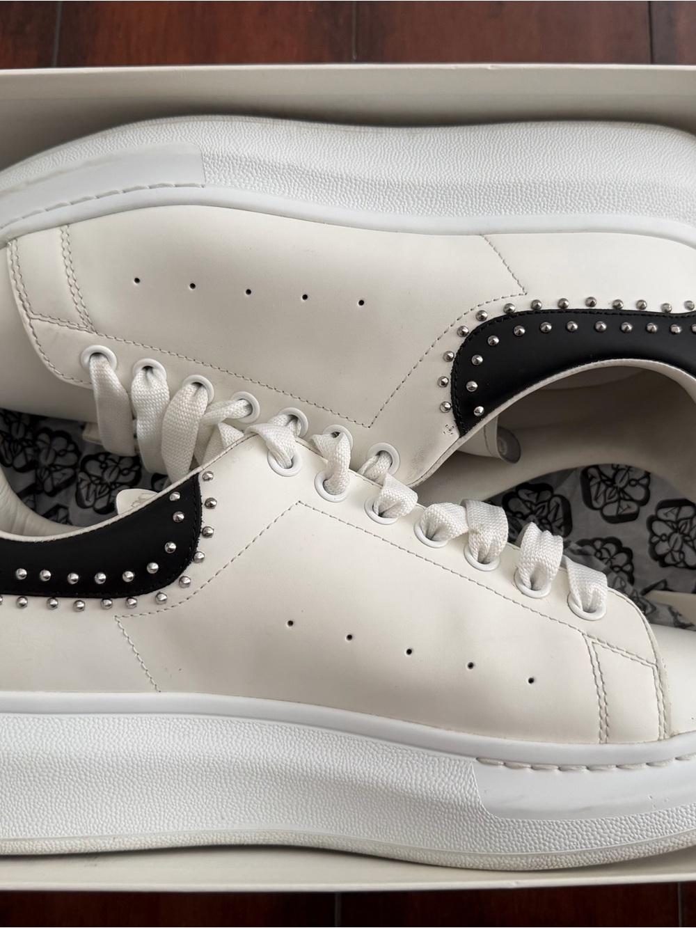 Alexander McQueen White Leather Platform Sneakers with Black Studded Heel Tab
